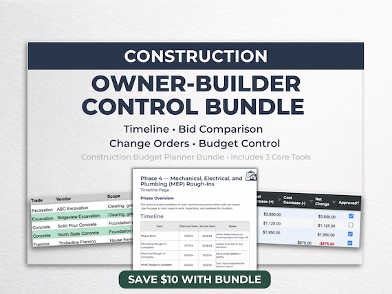 Construction Budget Planner Bundle | Home Build Timeline, Bid Comparison & Change Order Spreadsheet | Excel and Google Sheets