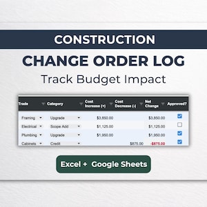 Construction Change Order Log Spreadsheet | Cost & Budget Impact Tracker | Excel and Google Sheets Template