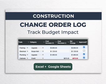 Construction Change Order Log Spreadsheet | Cost & Budget Impact Tracker | Excel and Google Sheets Template