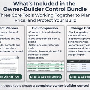 May include: An informational graphic titled "What's Included in the Owner-Builder Control Bundle." It showcases three tools: Project Planner, Bid Comparison, and Change Order Log. Each tool is described with bullet points and examples of the tools' features.