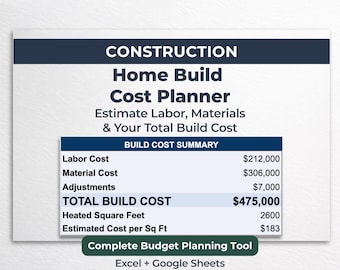 Planificador de costos de construcción de viviendas / Estimador de presupuesto y costos de construcción / Planificador de presupuesto para autoconstructores / Plantilla para Excel y Google Sheets