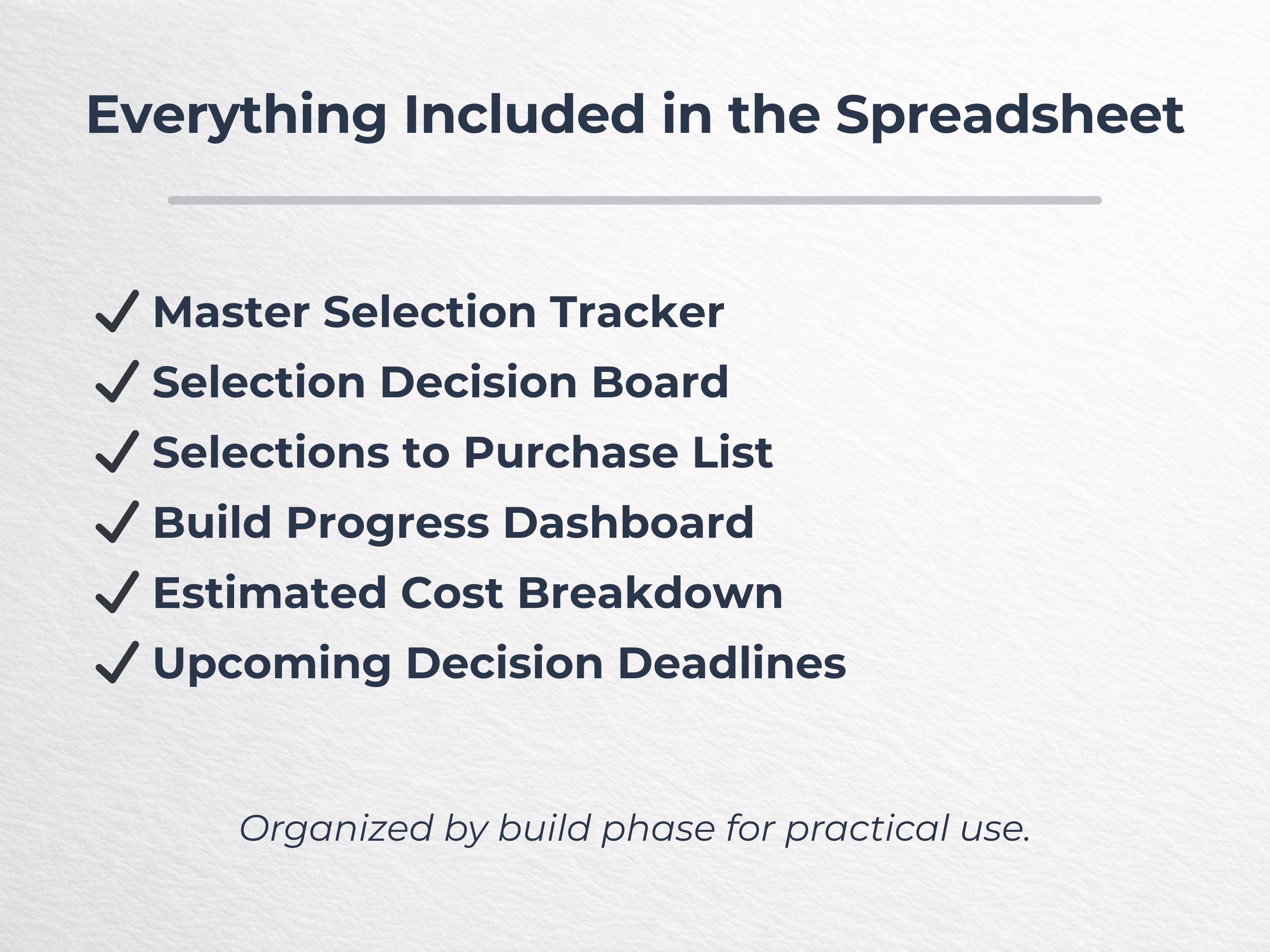 Build Selection Home Build Selection Tracker | New Construction Planner Spreadsheet ...