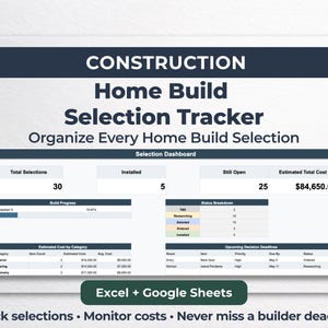 Home Build Selection Tracker | New Construction Planner Spreadsheet | Custom Home Build Organizer | Excel & Google Sheets