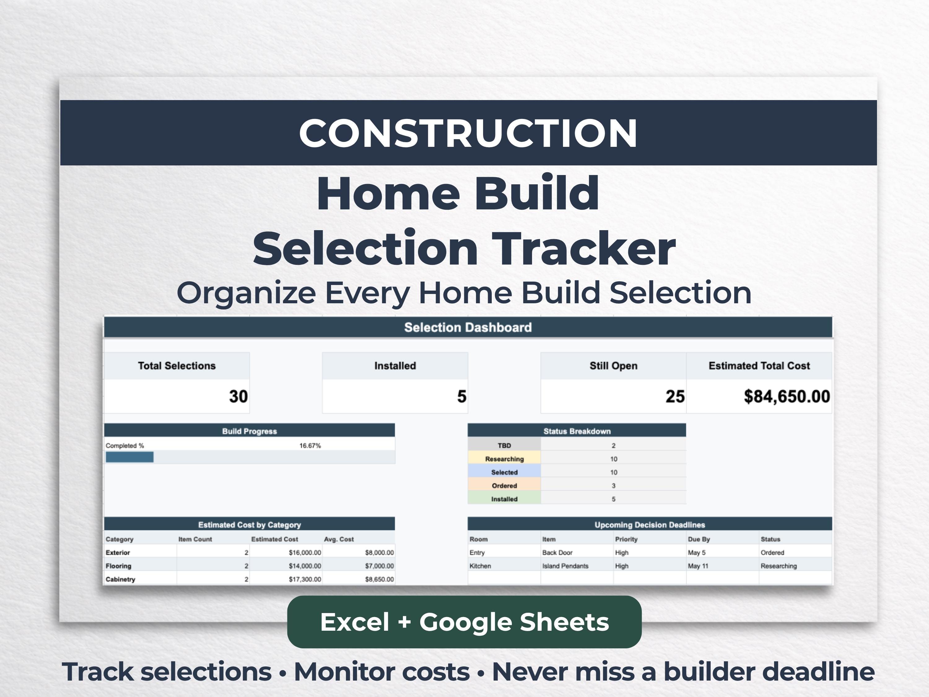 Home Build Selection Tracker | New Construction Planner Spreadsheet ...