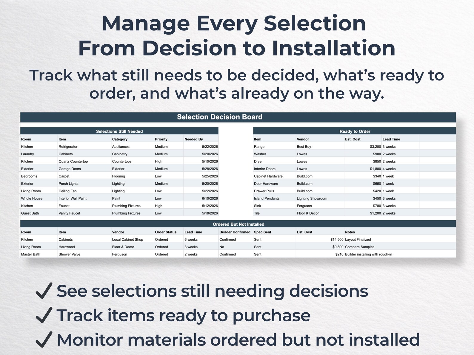 Home Build Selection Tracker | New Construction Planner Spreadsheet ...