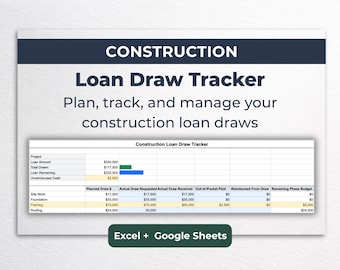 Construction Loan Draw Schedule Spreadsheet | Draw Tracker & Loan Budget Planner | Excel and Google Sheets Template