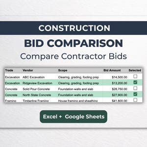 Construction Bid Comparison Spreadsheet | Contractor Estimate Template | Excel & Google Sheets
