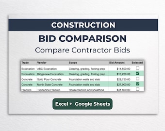 Hoja de cálculo de comparación de ofertas de construcción / Plantilla de estimación de contratista / Hojas de cálculo de Excel y Google