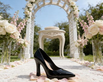 Solette personalizzate, Décolleté nere in vernice con tacco a spillo e punta affusolata / Décolleté D'Orsay / Scarpe per invitati a matrimoni e San Valentino