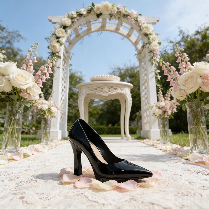 May include: A black patent leather high-heeled shoe rests on a lace runner scattered with rose petals. The shoe is in front of a white wedding arch decorated with roses and greenery, suggesting a bridal theme.