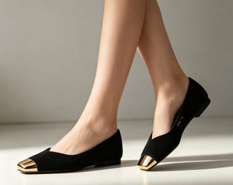 Solette personalizzate, ballerine in camoscio nero con punta dorata - punta quadrata, scarpe comode da infilare per l'ufficio e l'abbigliamento casual