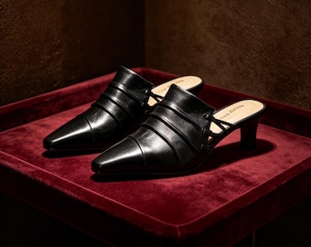 Customized insoles，Black Leather Ruched Pointed Toe Mules, Elegant Block Heel Slip-Ons for Office & Evening Wear