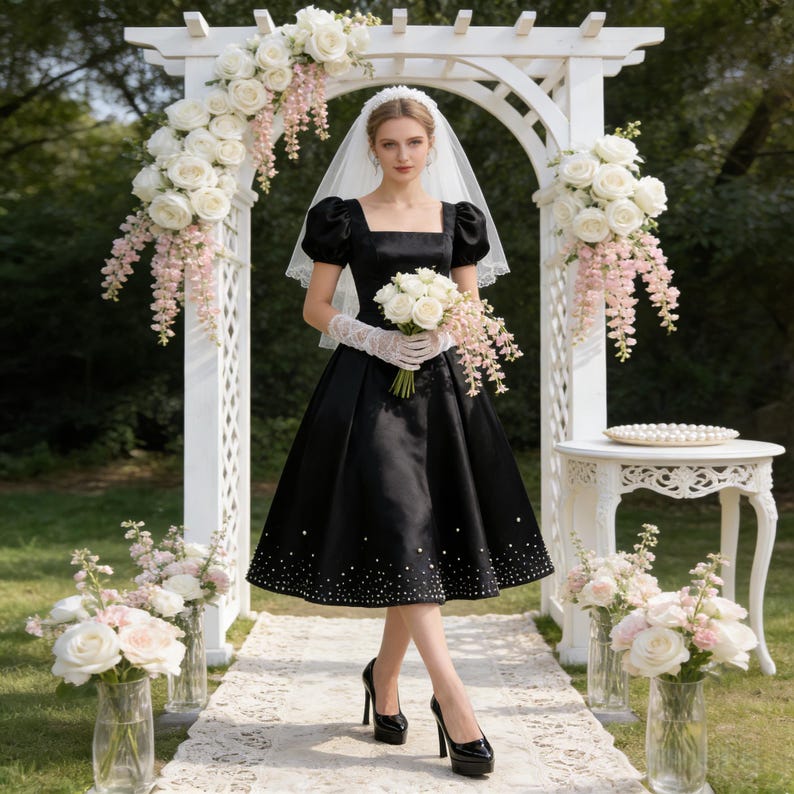 May include: A black satin dress with a square neckline and puff sleeves. The dress features a beaded hemline and is paired with black platform heels. The person is holding a white bouquet and wearing a veil and lace gloves. The setting is an outdoor wedding.