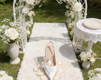 Solette personalizzate, Décolleté con cinturino posteriore e fiocco in raso avorio / Décolleté da sposa a punta / Scarpe da matrimonio per San Valentino