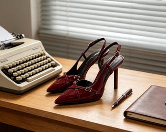 Customized insoles，Burgundy Patent Leather Slingback Heels, Pointed Toe Stilettos with Buckle Straps, Elegant Red Heels for Weddings  Dates