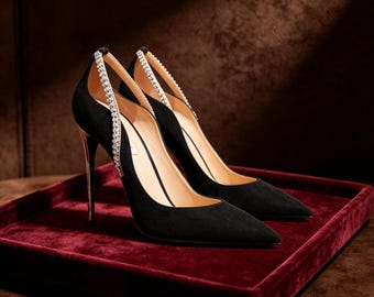 Solette personalizzate, décolleté nere in camoscio con tacco a spillo e cristalli, scarpe con cinturino posteriore e punta affusolata con strass, eleganti e formali, perfette per feste e matrimoni.