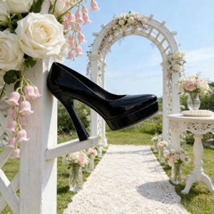 May include: A black patent leather platform pump with a high heel is displayed outdoors. The shoe is positioned against a white picket fence, with a wedding arch and floral arrangements in the background. The overall theme is bridal.