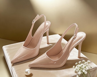 Solette personalizzate, Décolleté con tacco a spillo e cinturino posteriore in vernice color nude / Scarpe eleganti da cerimonia per invitati a matrimoni / Scarpe versatili da sera