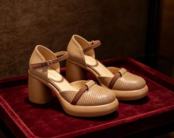 Op maat gemaakte inlegzolen: beige geperforeerde Mary Jane-hakken, dikke plateausandalen met enkelbandje, comfortabele blokhakken voor dagelijks gebruik
