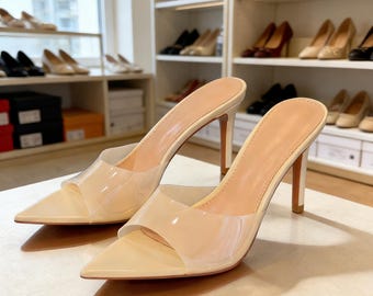 Solette personalizzate, mules nude con cinturino trasparente / décolleté a punta con tacco a spillo / scarpe per invitati a matrimoni e San Valentino
