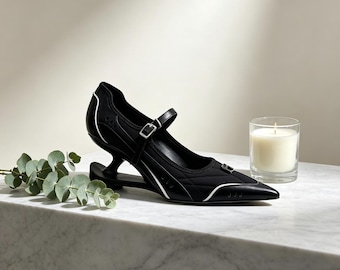 Solette personalizzate, Mary Jane nere con tacco scultoreo, décolleté moderne a punta, scarpe eleganti e casual di tendenza per donna