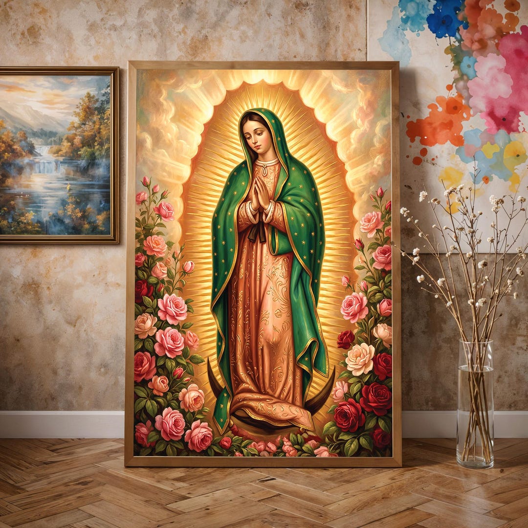 Our Lady of Guadalupe Wall Art, Virgin Mary Rose Print, Catholic ...