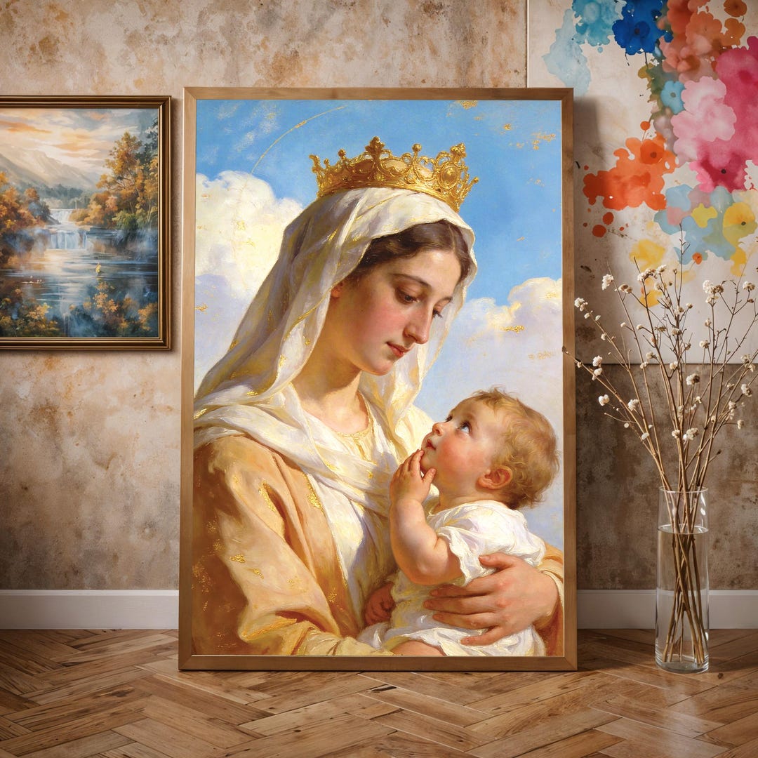 Madonna and Child Crown Wall Art, Virgin Mary Baby Jesus Painting ...
