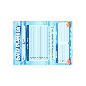 May include: A blue and white daily planner with an ocean theme. The planner includes sections for the date, day, to-do list, notes, and priority. Decorative elements include a starfish and seashell.