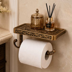 Vintage Toilet Paper Holder with Shelf, Baroque Bathroom Decor