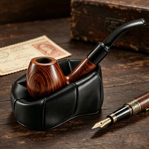 May include: A wooden tobacco pipe with a curved stem rests in a black leather holder. The pipe has a dark brown, swirling wood grain pattern. A fountain pen with a gold nib is also visible on the wooden surface.