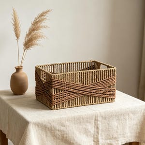 Handmade Woven Storage Basket, Boho Rectangular Organizer with Handles
