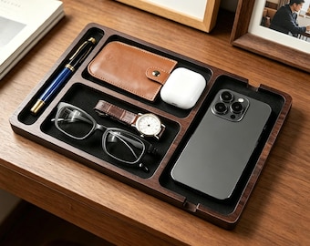 Organizador de escritorio de madera, bandeja multicompartimento