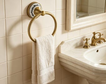 Vintage Antique Brass Towel Ring with Floral Ceramic Base, Wall Mount Hand Towel Holder