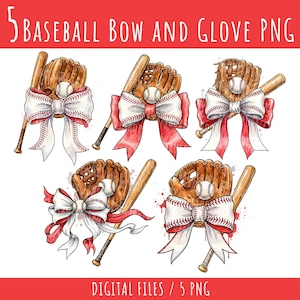 May include: Digital illustration of five baseball-themed designs. Each design features a baseball glove, baseball bat, and baseball, adorned with a red and white bow. The text "5 BASEBALL BOW AND GLOVE PNG" is at the top.