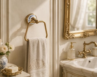 Vintage Brass Towel Ring, Blue Ceramic French Country Bathroom Holder
