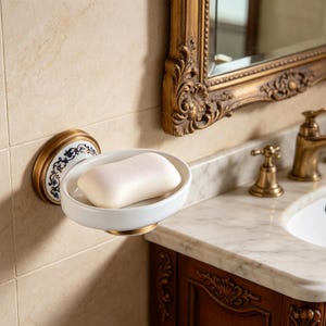 Vintage Brass & Ceramic Wall Mounted Soap Dish | Antique Style Bathroom Soap Holder