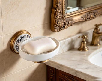 Vintage Brass & Ceramic Wall Mounted Soap Dish | Antique Style Bathroom Soap Holder