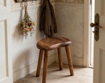 Solid Walnut Kidney Stool, Rustic Bathroom Vanity Bench, Minimalist Accent Furniture