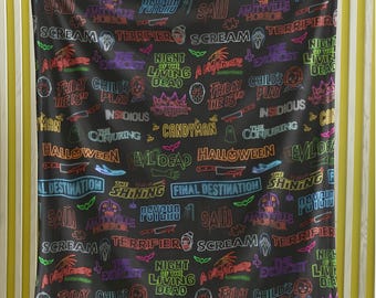 Horror Movie Logos Velveteen Plush Blanket | Neon Slasher Paranormal Pattern