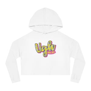 May include: White cropped hoodie with long sleeves. The front features the text "Ugh as if!" in a yellow plaid design with a pink outline. The hoodie has a drawstring hood.
