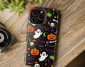 Cover magnetica per telefono con motivo di Halloween / Fantasmi spettrali, zucche, teschi, calderoni