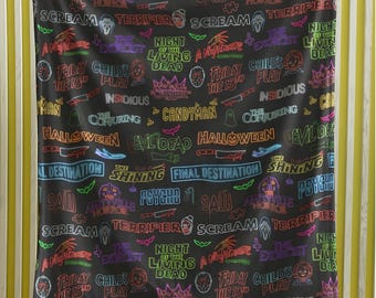 Horror Movie Logos Velveteen Plush Blanket | Neon Slasher Paranormal Pattern