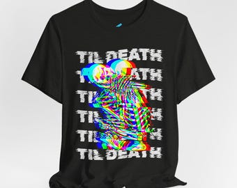 Glitch Skeleton 'Til Death' T-shirt | Förvrängd regnbågs-skelettgrafik-t-shirt
