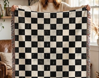 Checkerboard Pattern Woven Blanket | Black White Plaid Throw