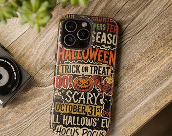 Cover per telefono con collage di parole spettrali e tipografia di Halloween / Resistente agli urti, magnetica, compatibile con MagSafe