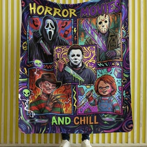 Horror Movies and Chill Velveteen Plush Blanket | Slasher Icons, Neon Retro