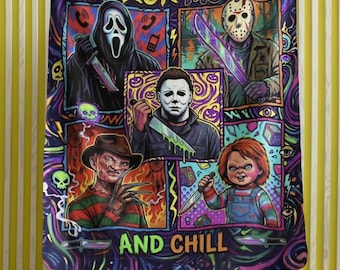 Horror Movies and Chill Velveteen Plush Blanket | Slasher Icons, Neon Retro