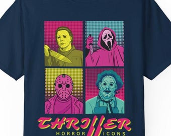 Retro Pop Art Skräckikoner T-shirt | Slasher Masks Design