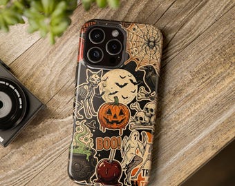 Cover per telefono con collage di adesivi di Halloween / Cover protettiva vintage a tema spettrale