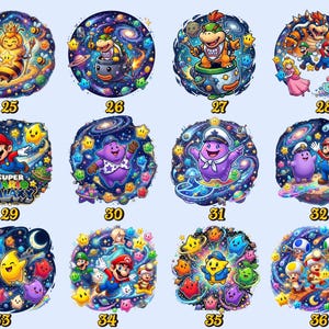Pu&ograve; includere: Una collezione di dodici illustrazioni circolari e colorate con personaggi della serie di videogiochi Super Mario. Ogni design &egrave; ambientato su uno sfondo cosmico con stelle e pianeti. I numeri 25-36 sono visualizzati sotto ogni immagine.